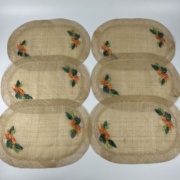 Wicker Straw Placemats Embroidered Carrots Vtg Boho Raffia 19”x13” Oval Set/6 - Picture 2 of 14